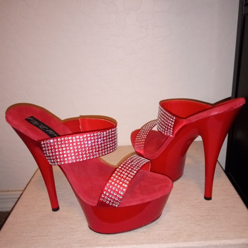 Red Platform Slide On Sandal Stilleto High Heels with Rhinestones Size 7